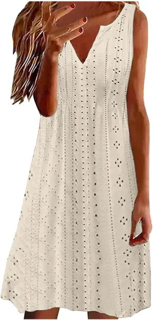 Summer Dresses for Women 2025 V Neck Sleeveless Tank Dresses Soft Eyelet Casual Loose Fitted Mini Sun Dresses