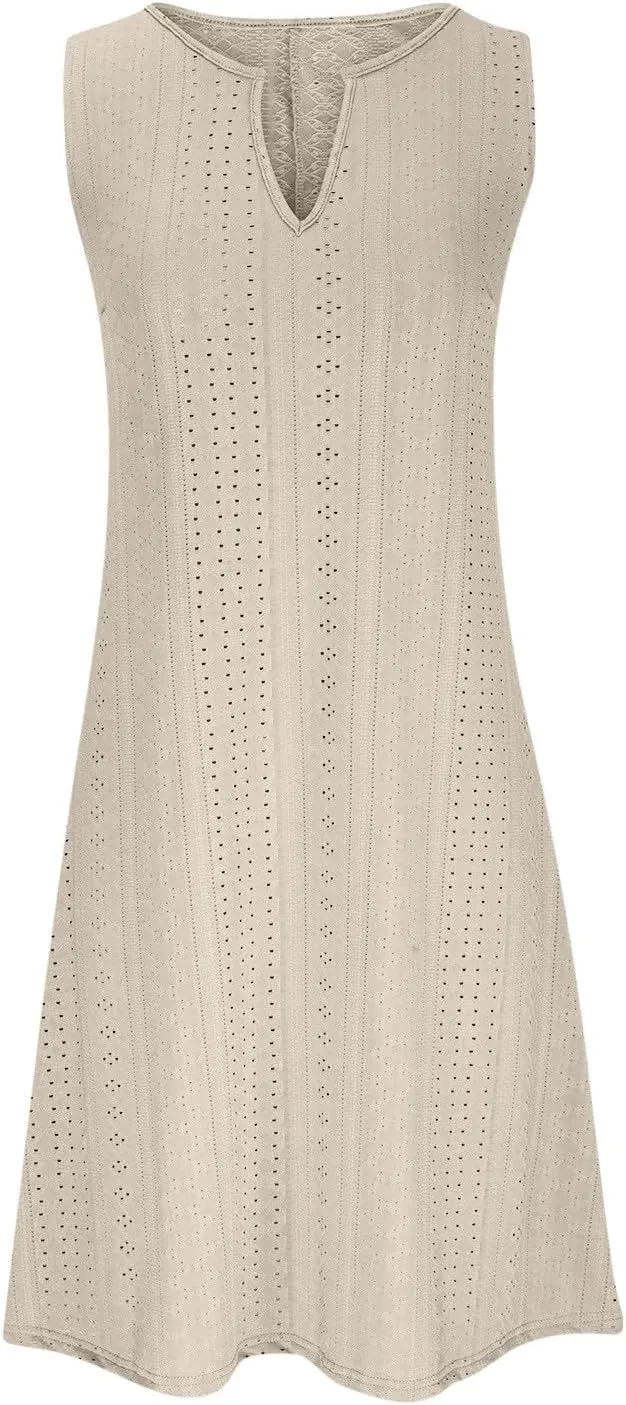 Summer Dresses for Women 2025 V Neck Sleeveless Tank Dresses Soft Eyelet Casual Loose Fitted Mini Sun Dresses