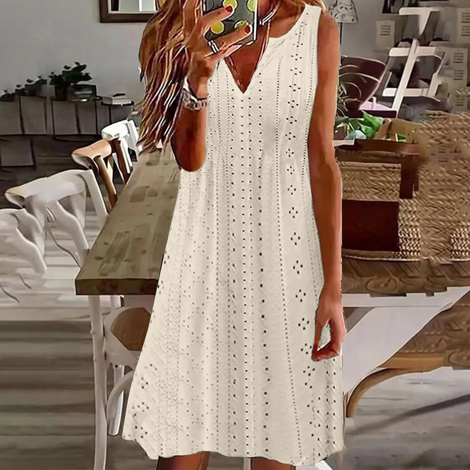 Summer Dresses for Women 2025 V Neck Sleeveless Tank Dresses Soft Eyelet Casual Loose Fitted Mini Sun Dresses