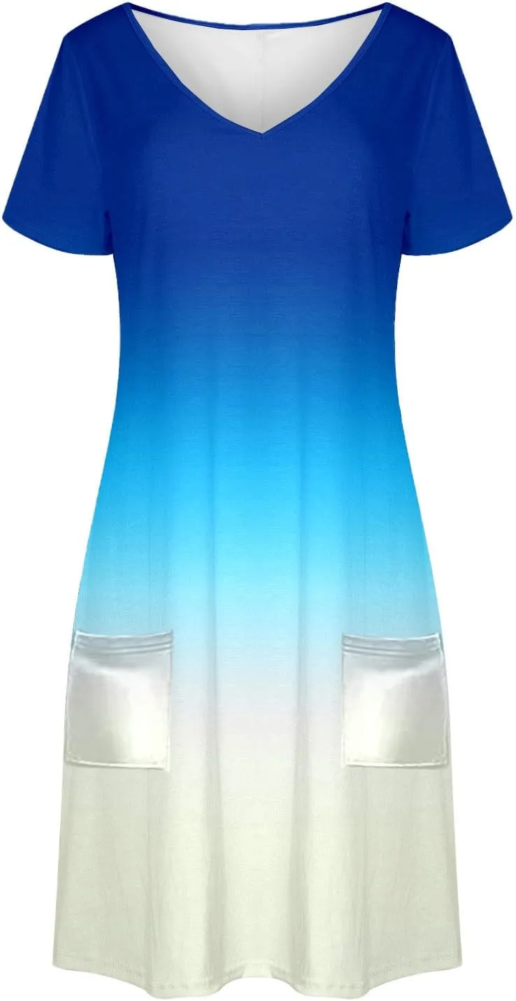 Summer Elegant Dress for Women V Neck Short Sleeve Trendy Skirts Comfy Gradient Color Dresses Walking Vacation