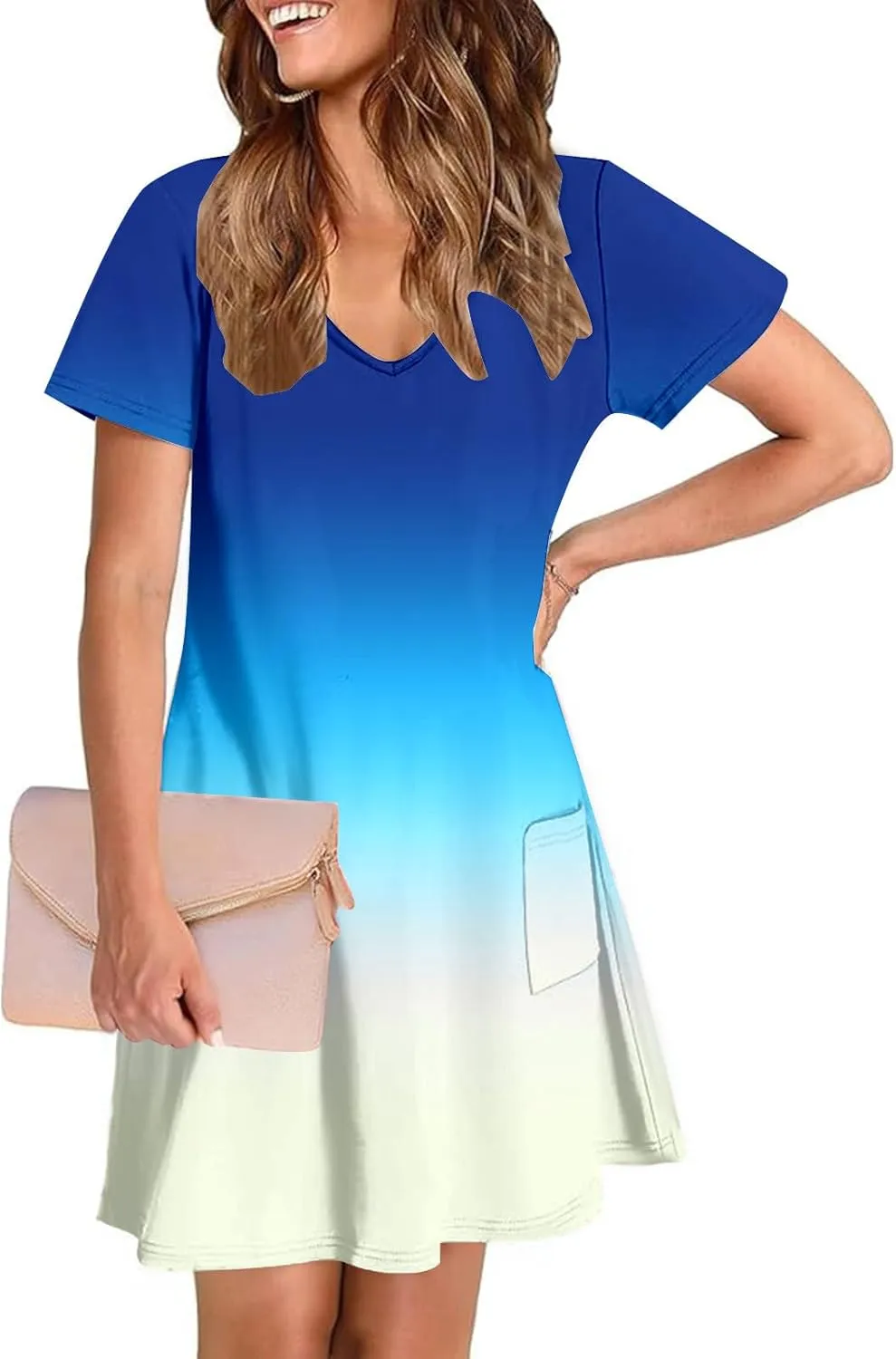 Summer Elegant Dress for Women V Neck Short Sleeve Trendy Skirts Comfy Gradient Color Dresses Walking Vacation