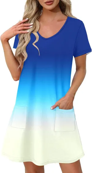 Summer Elegant Dress for Women V Neck Short Sleeve Trendy Skirts Comfy Gradient Color Dresses Walking Vacation
