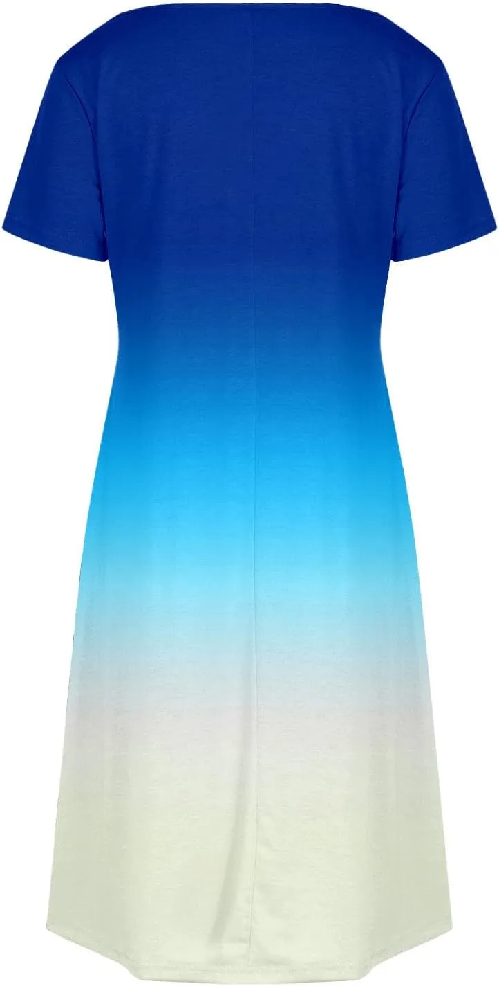 Summer Elegant Dress for Women V Neck Short Sleeve Trendy Skirts Comfy Gradient Color Dresses Walking Vacation