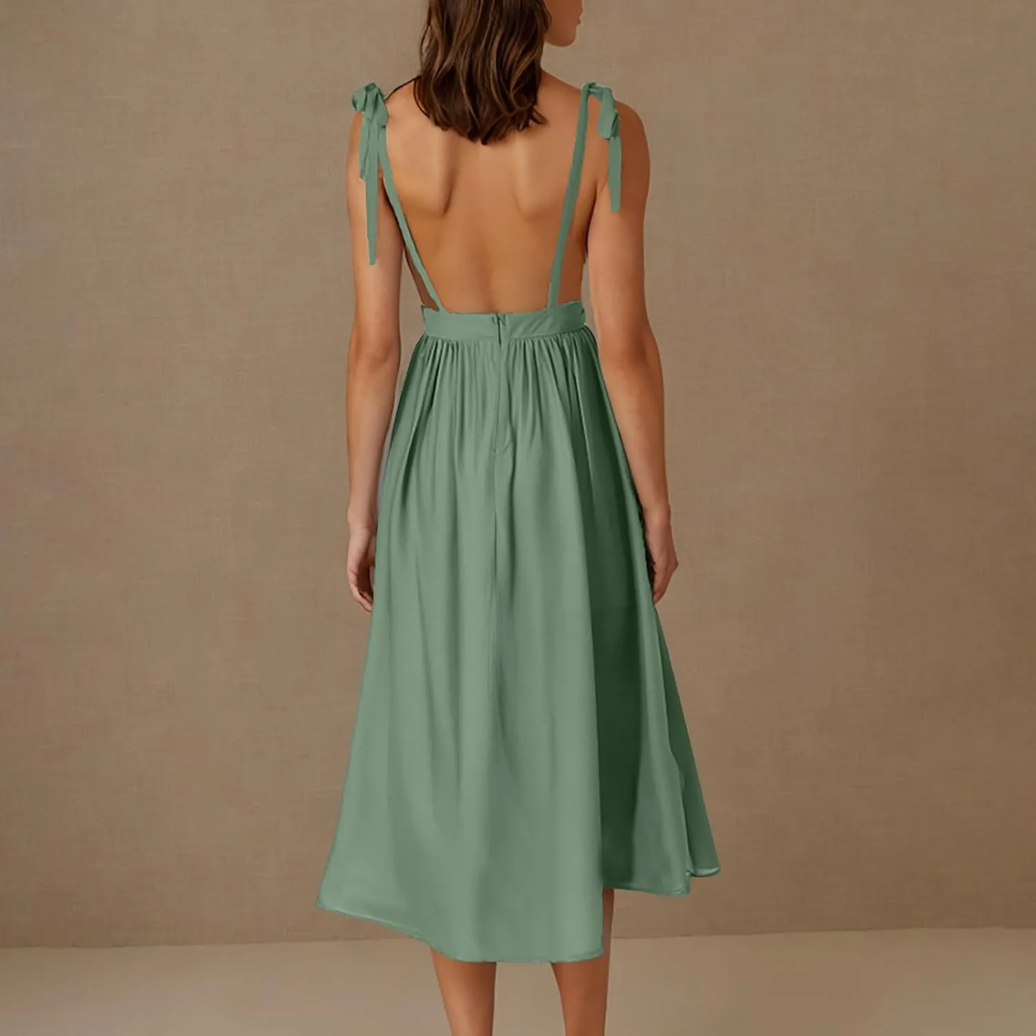 Summer Midi Skirt for Womens Straps Sleeveless V Neck Dress Pleated Ruffle Hem A Line Dresses Beach Party Cocktail