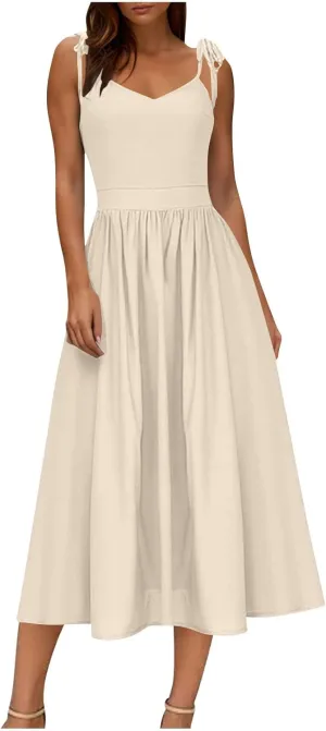 Summer Midi Skirt for Womens Straps Sleeveless V Neck Dress Pleated Ruffle Hem A Line Dresses Beach Party Cocktail