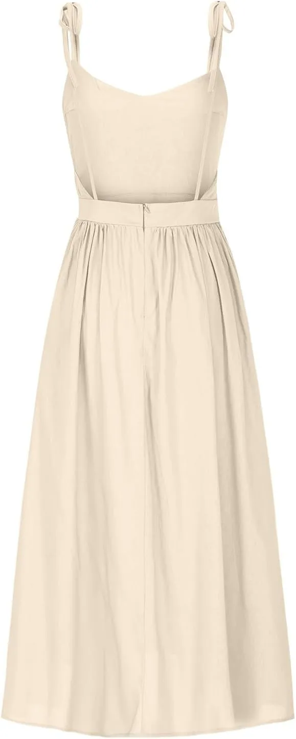 Summer Midi Skirt for Womens Straps Sleeveless V Neck Dress Pleated Ruffle Hem A Line Dresses Beach Party Cocktail
