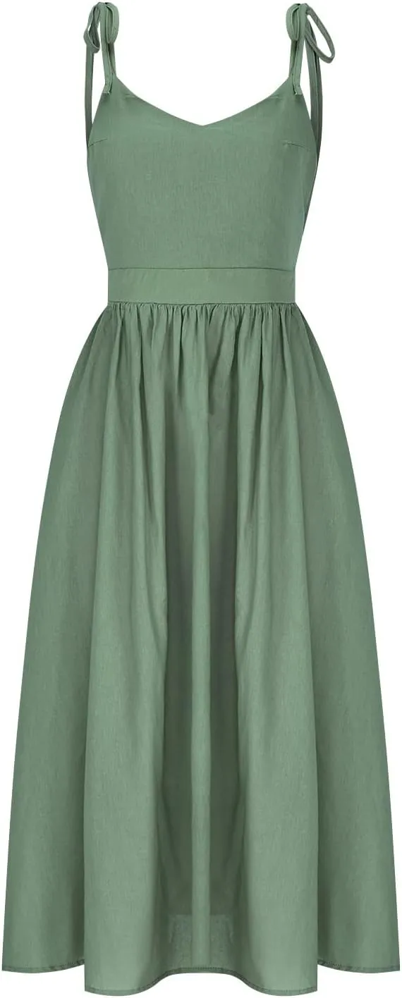 Summer Midi Skirt for Womens Straps Sleeveless V Neck Dress Pleated Ruffle Hem A Line Dresses Beach Party Cocktail
