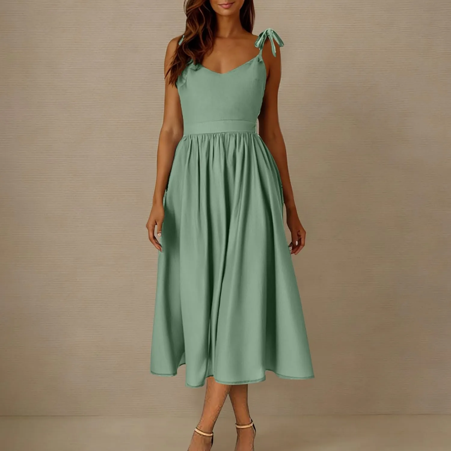 Summer Midi Skirt for Womens Straps Sleeveless V Neck Dress Pleated Ruffle Hem A Line Dresses Beach Party Cocktail