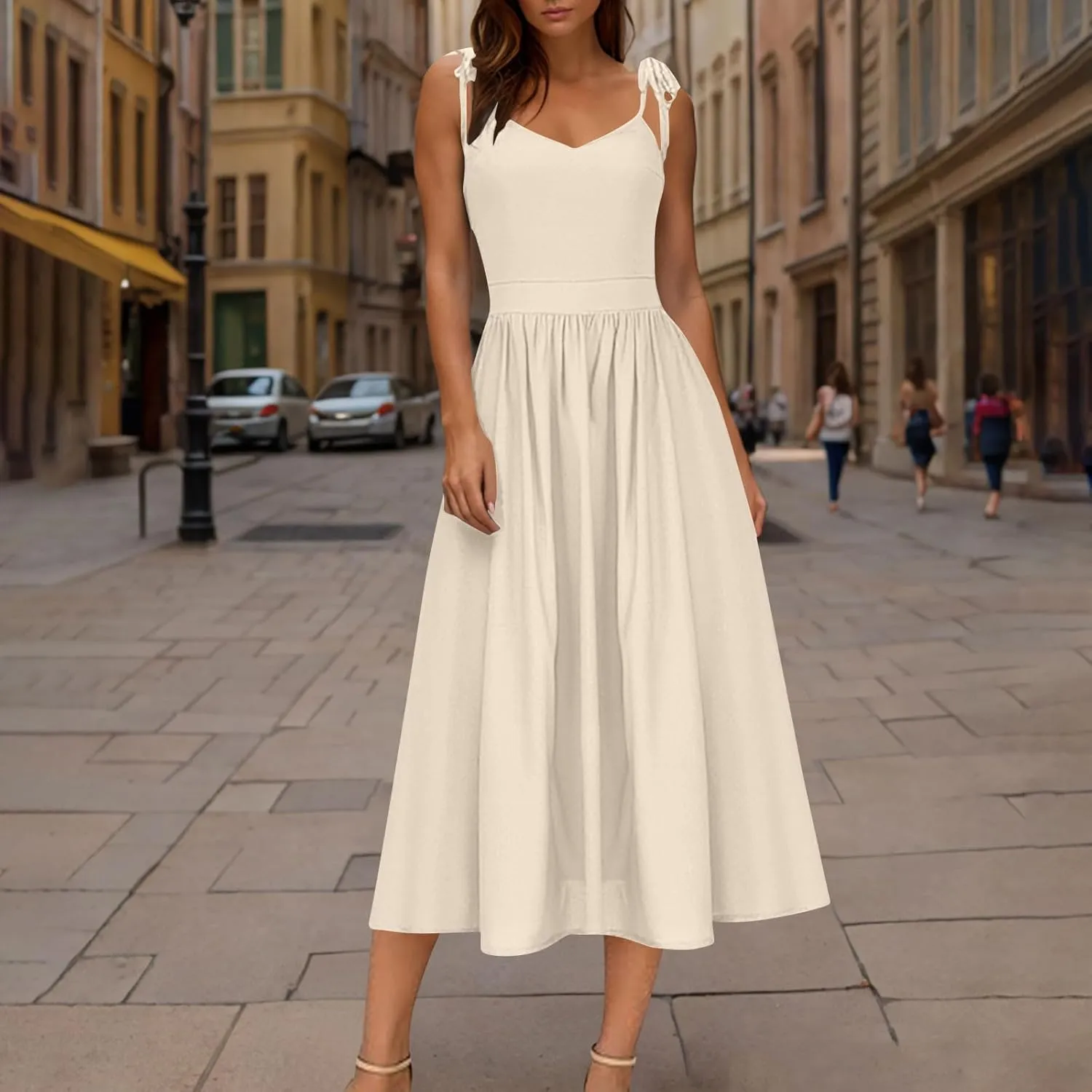Summer Midi Skirt for Womens Straps Sleeveless V Neck Dress Pleated Ruffle Hem A Line Dresses Beach Party Cocktail