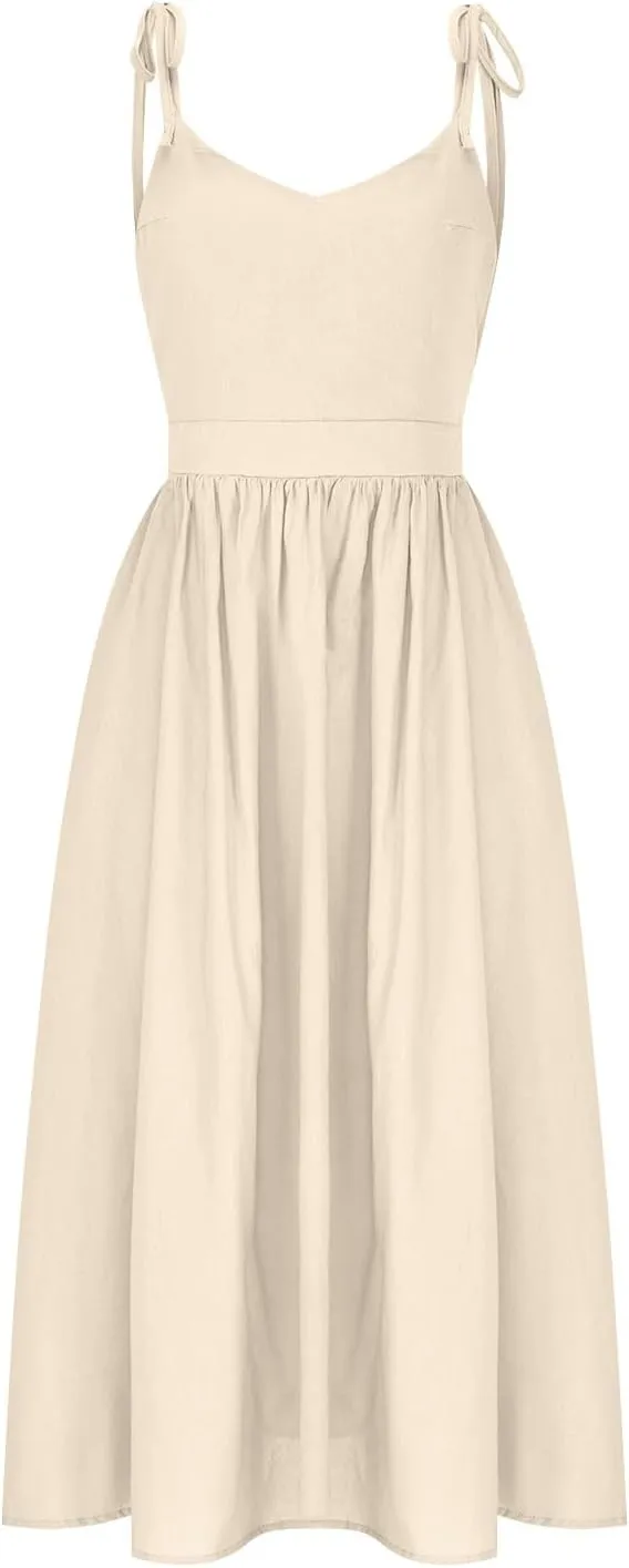 Summer Midi Skirt for Womens Straps Sleeveless V Neck Dress Pleated Ruffle Hem A Line Dresses Beach Party Cocktail