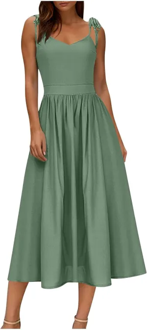 Summer Midi Skirt for Womens Straps Sleeveless V Neck Dress Pleated Ruffle Hem A Line Dresses Beach Party Cocktail