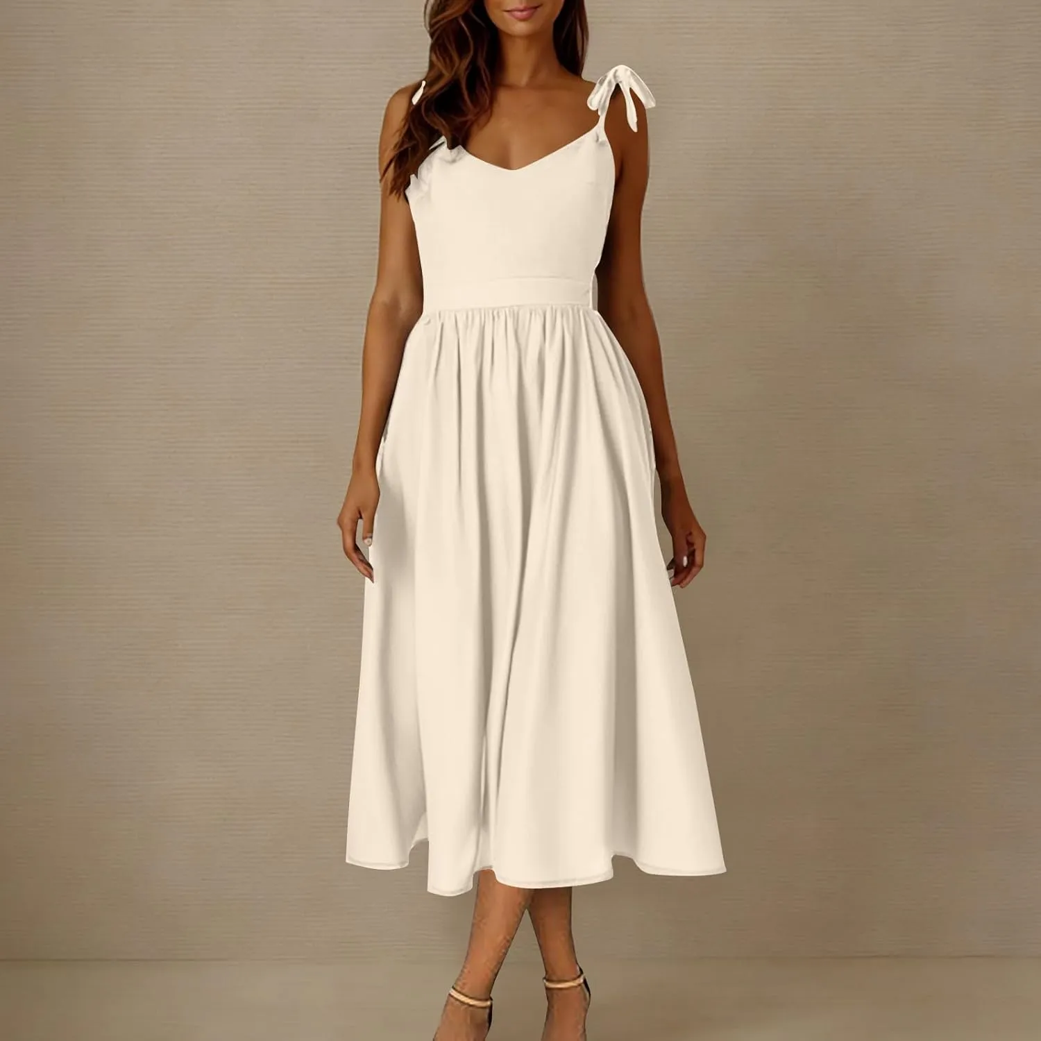 Summer Midi Skirt for Womens Straps Sleeveless V Neck Dress Pleated Ruffle Hem A Line Dresses Beach Party Cocktail