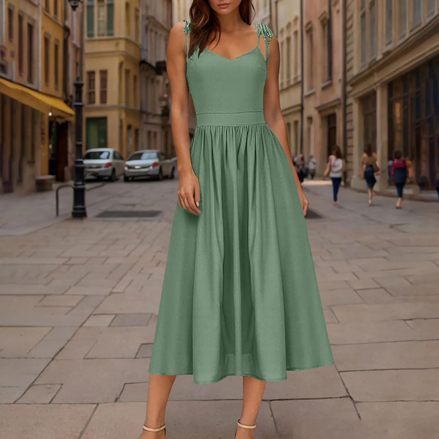 Summer Midi Skirt for Womens Straps Sleeveless V Neck Dress Pleated Ruffle Hem A Line Dresses Beach Party Cocktail