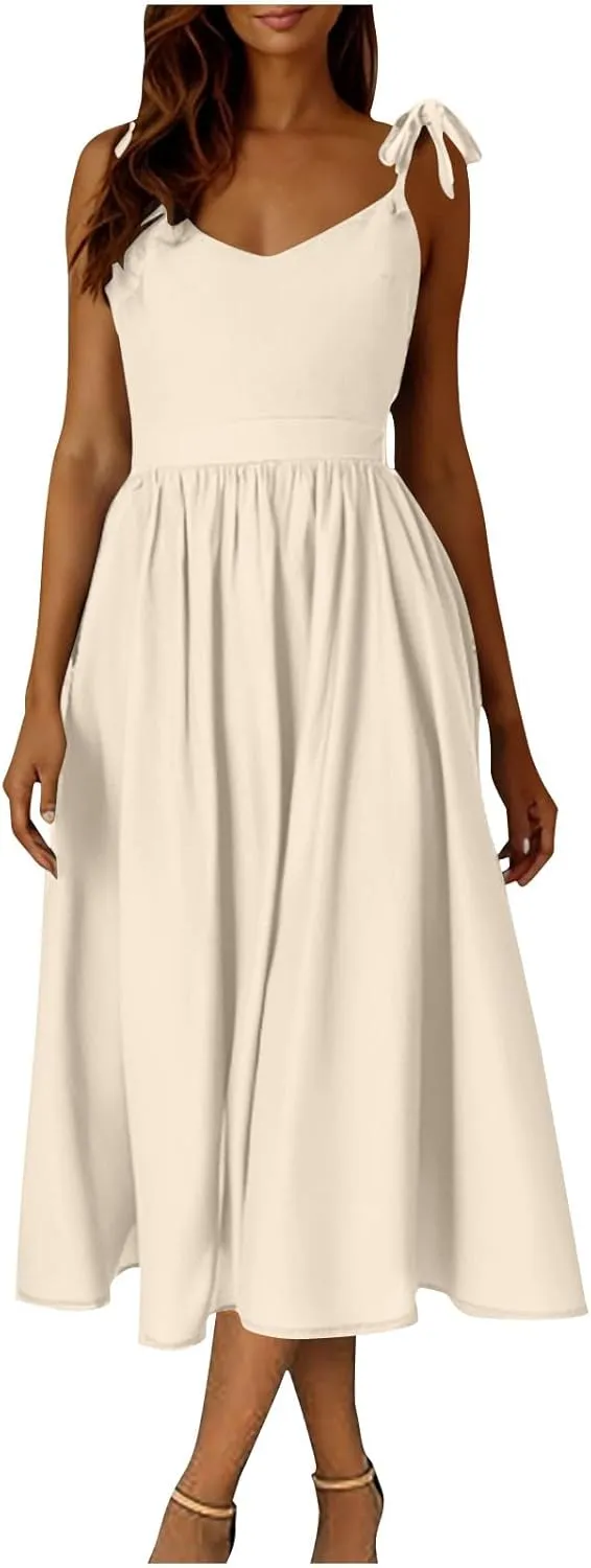 Summer Midi Skirt for Womens Straps Sleeveless V Neck Dress Pleated Ruffle Hem A Line Dresses Beach Party Cocktail