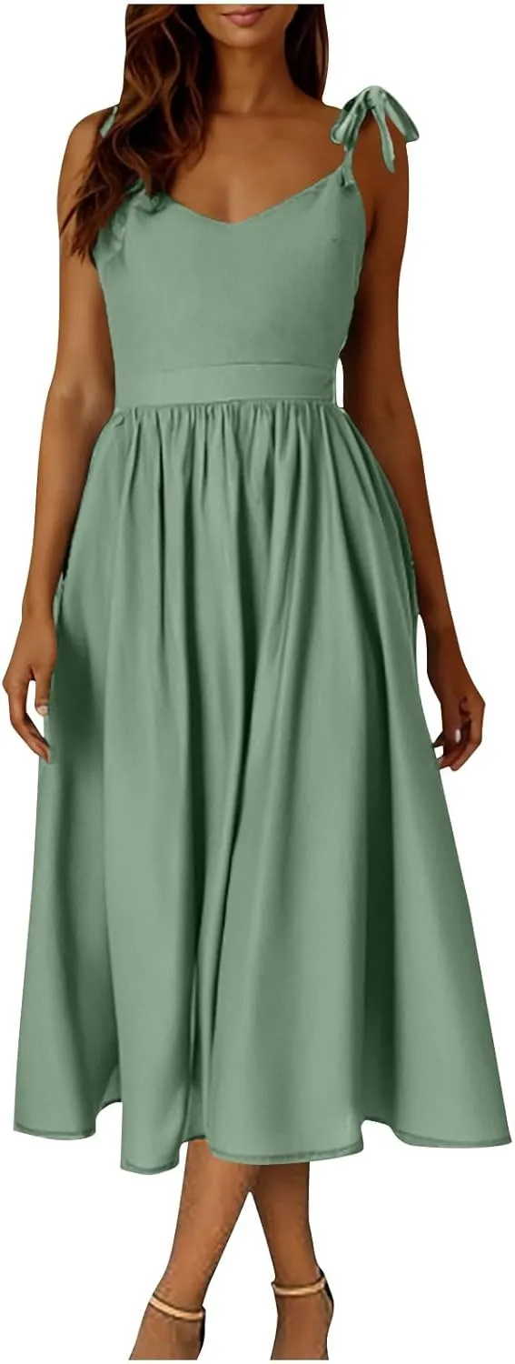 Summer Midi Skirt for Womens Straps Sleeveless V Neck Dress Pleated Ruffle Hem A Line Dresses Beach Party Cocktail