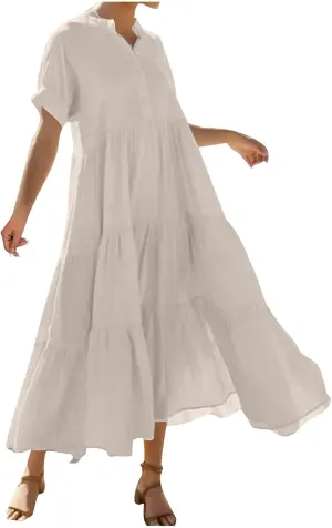 Summer Pleated Ruffle Hem Dresses for Womens Short Sleeve V Neck Dress A Line Midi Skirt Beach Cocktail Party Wear