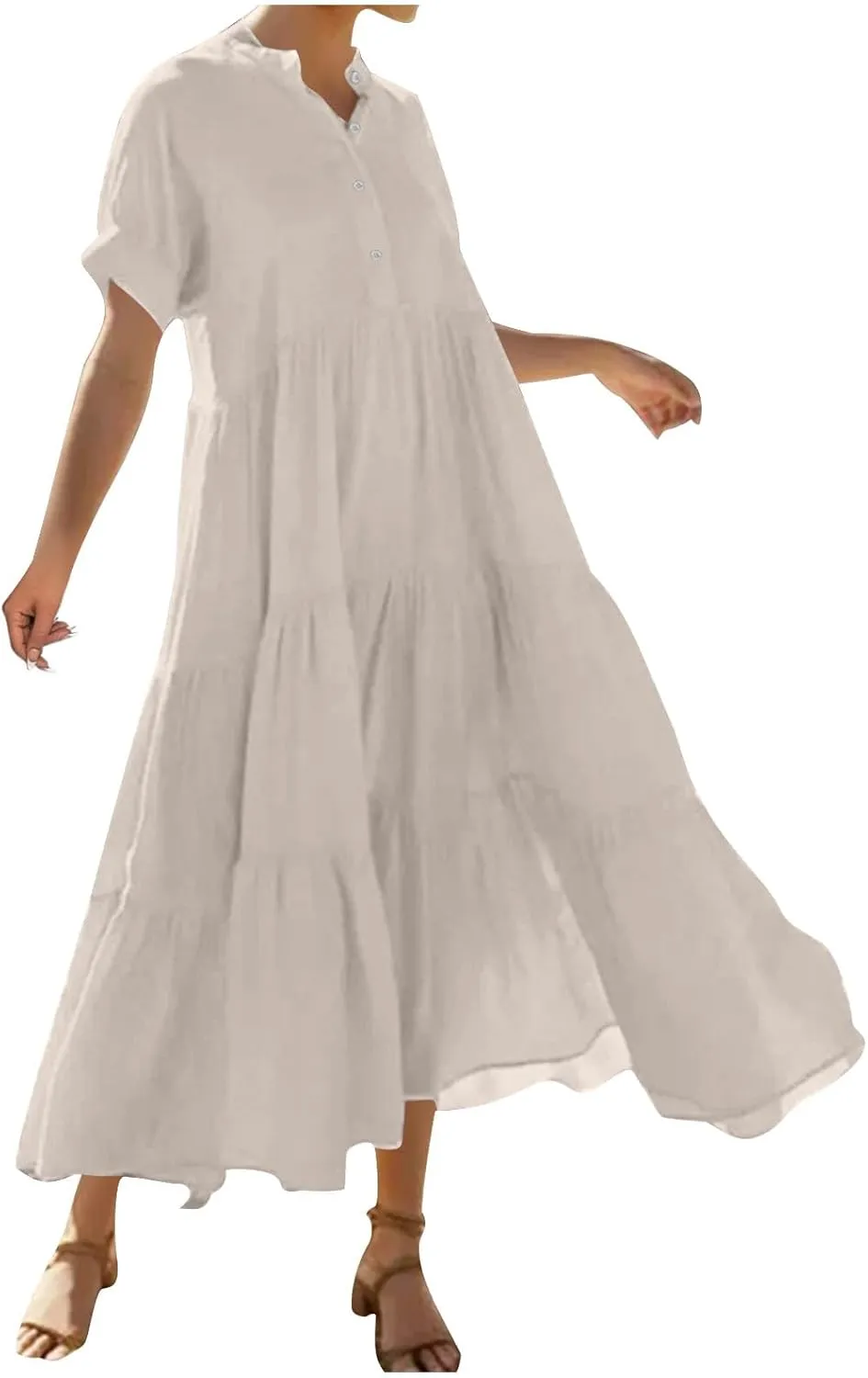Summer Pleated Ruffle Hem Dresses for Womens Short Sleeve V Neck Dress A Line Midi Skirt Beach Cocktail Party Wear
