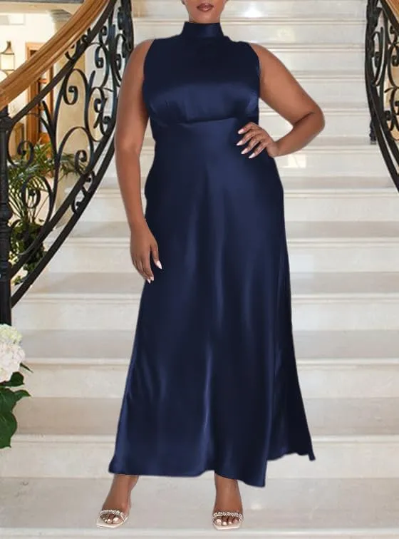 Summer Plus Size Mock Neck Satin Maxi Formal Dress for Women 2025 Elegant Sleeveless Silk Dresses for Wedding Guest Cocktail