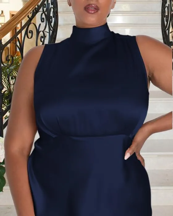 Summer Plus Size Mock Neck Satin Maxi Formal Dress for Women 2025 Elegant Sleeveless Silk Dresses for Wedding Guest Cocktail