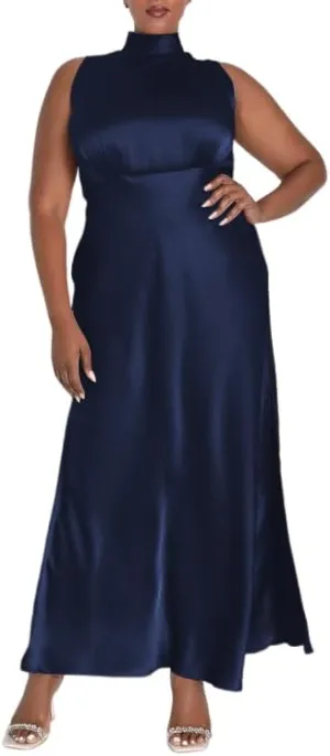 Summer Plus Size Mock Neck Satin Maxi Formal Dress for Women 2025 Elegant Sleeveless Silk Dresses for Wedding Guest Cocktail