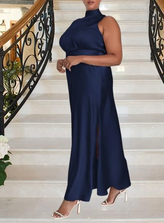 Summer Plus Size Mock Neck Satin Maxi Formal Dress for Women 2025 Elegant Sleeveless Silk Dresses for Wedding Guest Cocktail