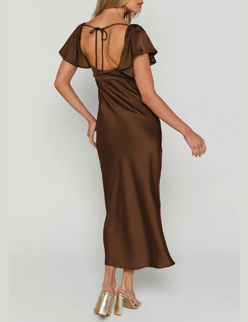 Summer Satin Flutter Sleeve Wedding Guest Dresses for Women Sweetheart Neckline Cutout Tie Back Midi Cocktail Dress