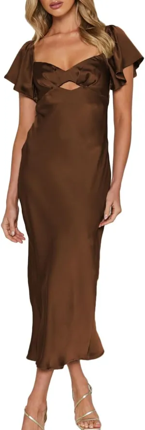 Summer Satin Flutter Sleeve Wedding Guest Dresses for Women Sweetheart Neckline Cutout Tie Back Midi Cocktail Dress
