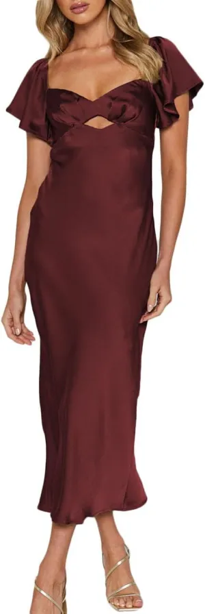 Summer Satin Flutter Sleeve Wedding Guest Dresses for Women Sweetheart Neckline Cutout Tie Back Midi Cocktail Dress
