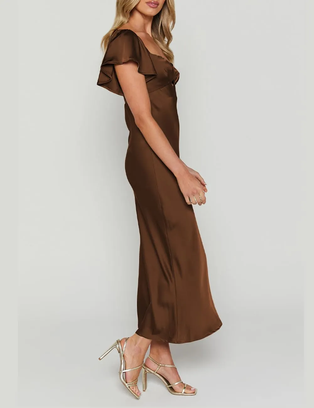 Summer Satin Flutter Sleeve Wedding Guest Dresses for Women Sweetheart Neckline Cutout Tie Back Midi Cocktail Dress