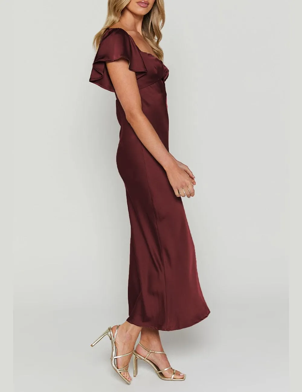 Summer Satin Flutter Sleeve Wedding Guest Dresses for Women Sweetheart Neckline Cutout Tie Back Midi Cocktail Dress