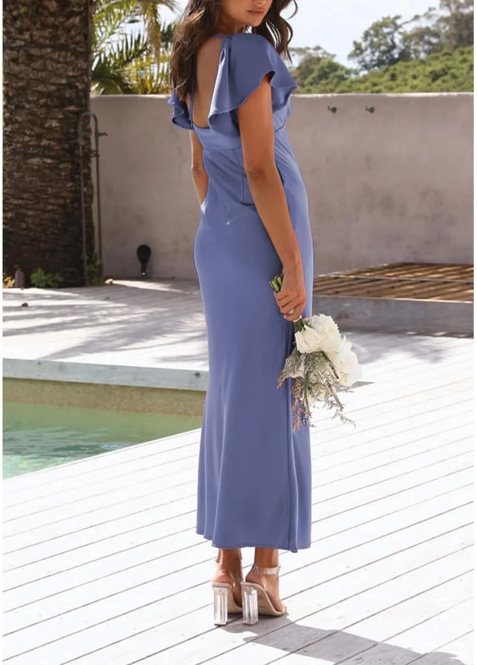 Summer Satin Flutter Sleeve Wedding Guest Dresses for Women Sweetheart Neckline Cutout Tie Back Midi Cocktail Dress