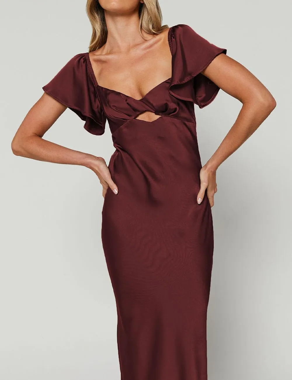 Summer Satin Flutter Sleeve Wedding Guest Dresses for Women Sweetheart Neckline Cutout Tie Back Midi Cocktail Dress
