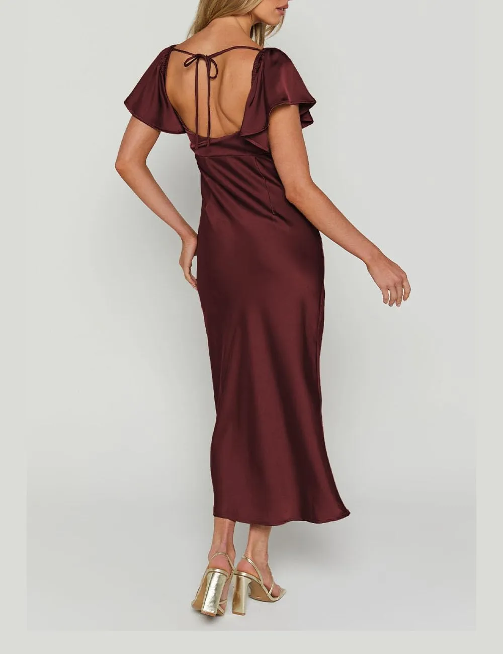 Summer Satin Flutter Sleeve Wedding Guest Dresses for Women Sweetheart Neckline Cutout Tie Back Midi Cocktail Dress