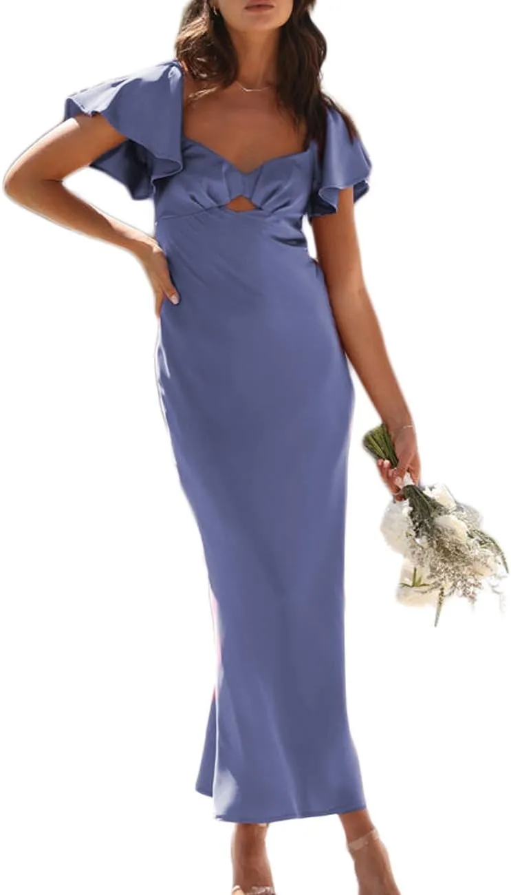 Summer Satin Flutter Sleeve Wedding Guest Dresses for Women Sweetheart Neckline Cutout Tie Back Midi Cocktail Dress
