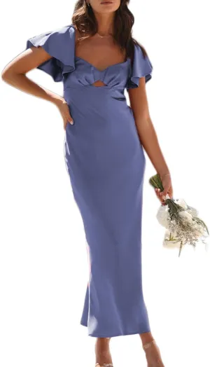 Summer Satin Flutter Sleeve Wedding Guest Dresses for Women Sweetheart Neckline Cutout Tie Back Midi Cocktail Dress
