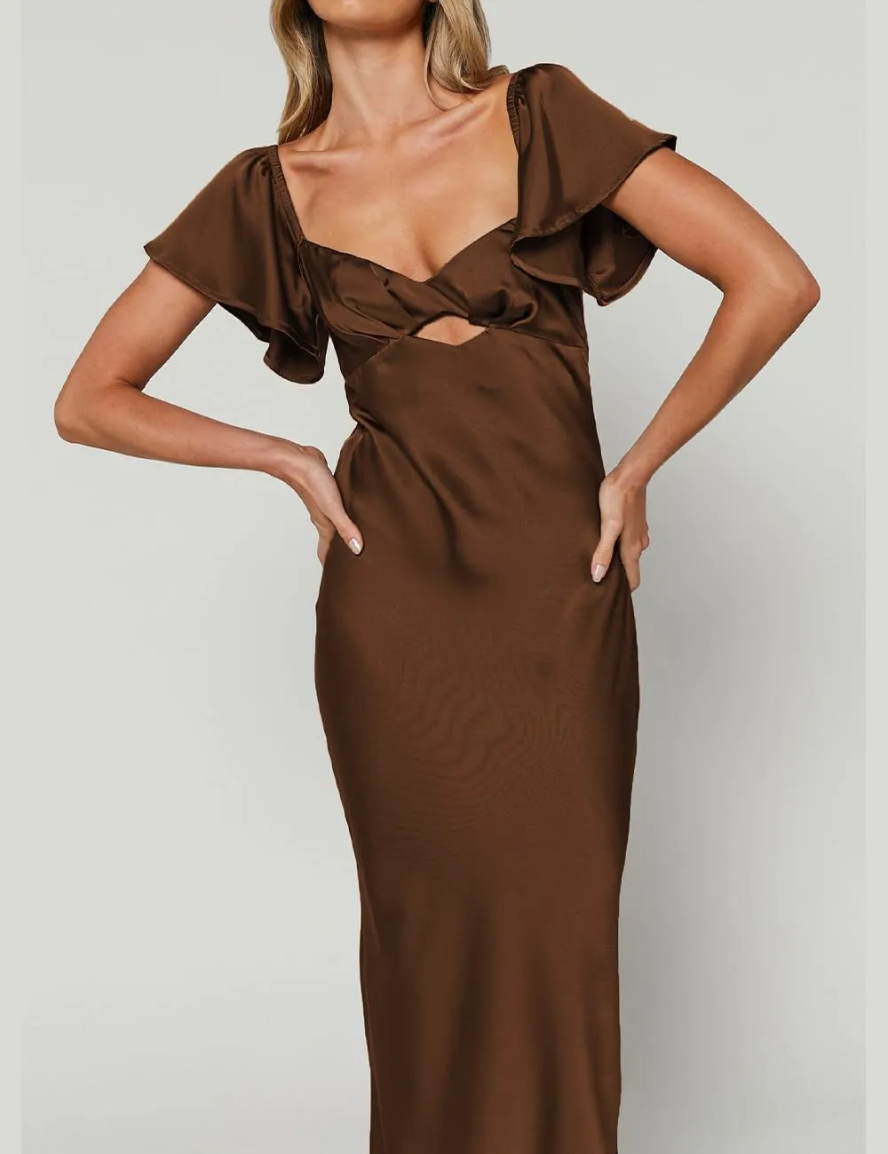 Summer Satin Flutter Sleeve Wedding Guest Dresses for Women Sweetheart Neckline Cutout Tie Back Midi Cocktail Dress