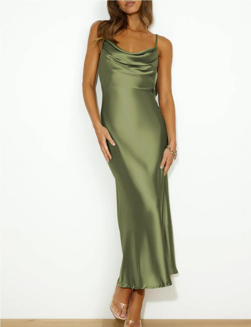 Summer Satin Spaghetti Strap Cowl Neck Backless Midi Dresses for Women Elegant Tie Low Back Ruched Cocktail Dress