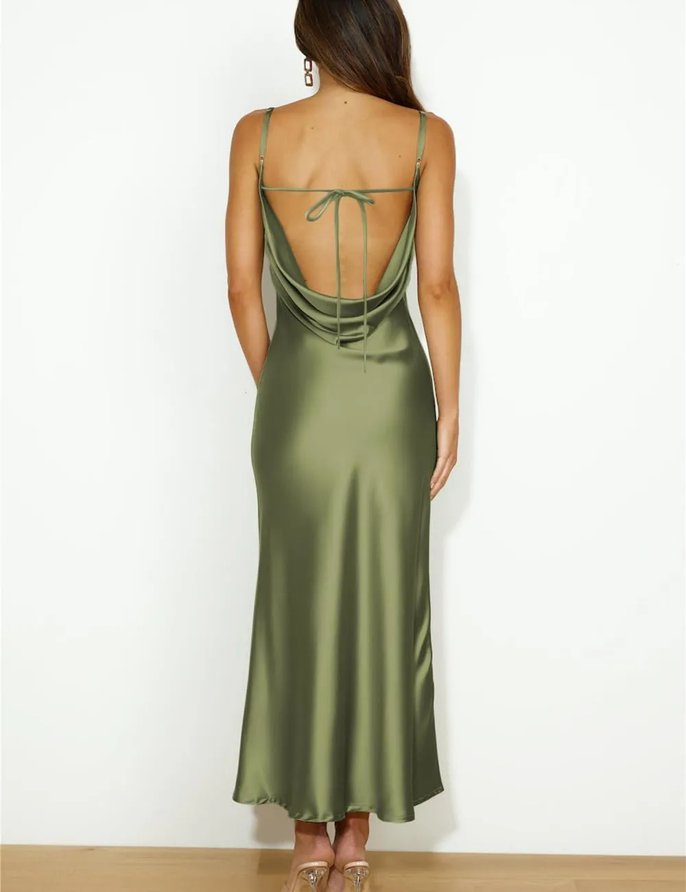 Summer Satin Spaghetti Strap Cowl Neck Backless Midi Dresses for Women Elegant Tie Low Back Ruched Cocktail Dress