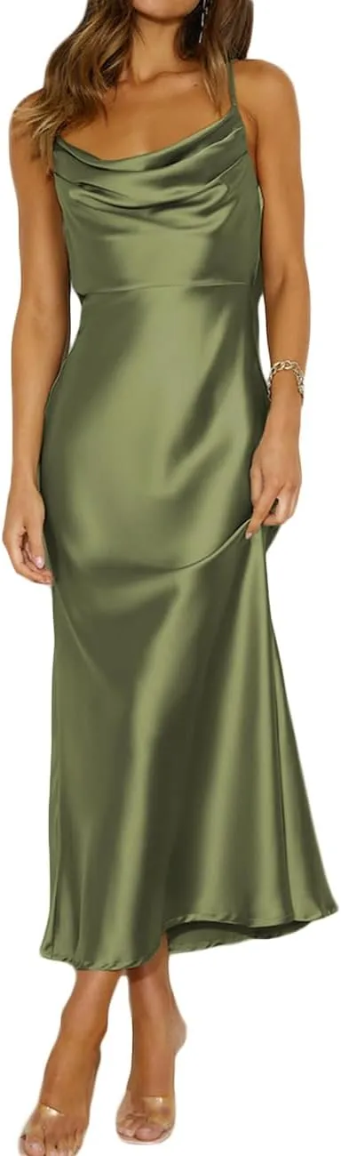 Summer Satin Spaghetti Strap Cowl Neck Backless Midi Dresses for Women Elegant Tie Low Back Ruched Cocktail Dress