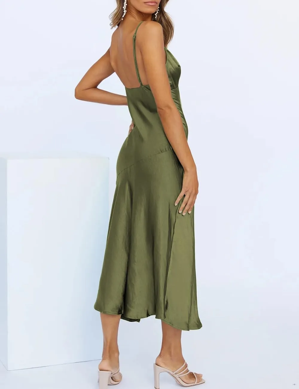 Summer Satin V Neck Silp Midi Dress for Women Wedding Guest 2025 Sexy Spaghetti Strap Backless Long Dresses with Slit