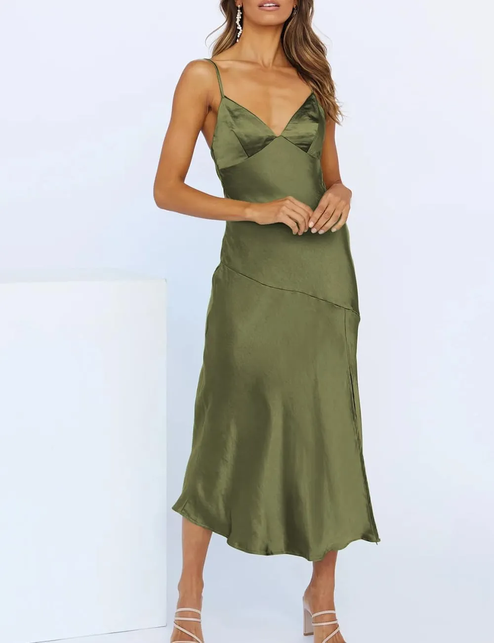 Summer Satin V Neck Silp Midi Dress for Women Wedding Guest 2025 Sexy Spaghetti Strap Backless Long Dresses with Slit