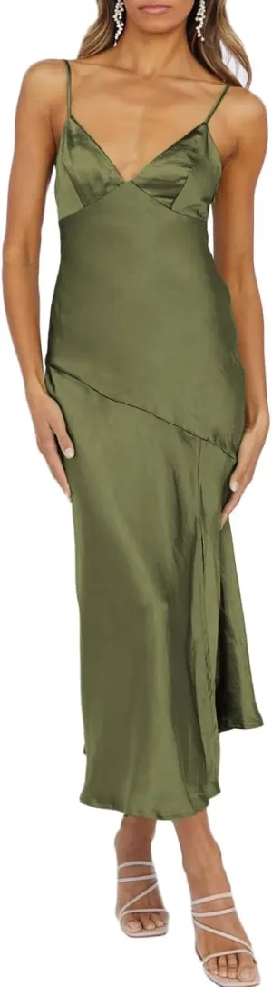 Summer Satin V Neck Silp Midi Dress for Women Wedding Guest 2025 Sexy Spaghetti Strap Backless Long Dresses with Slit