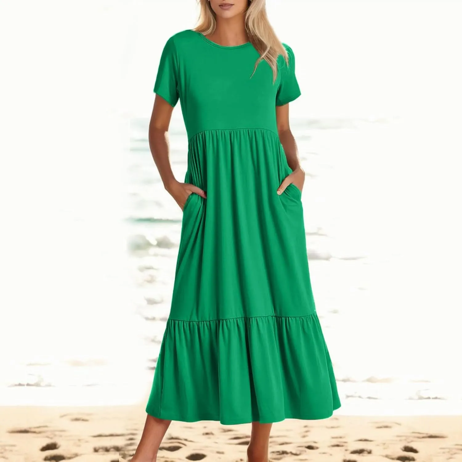 Summer Shirt Dresses For Women 2025 Crewneck Tiered Maxi Dresses Short Sleeve Flowy Beach Sundresses with Pockets