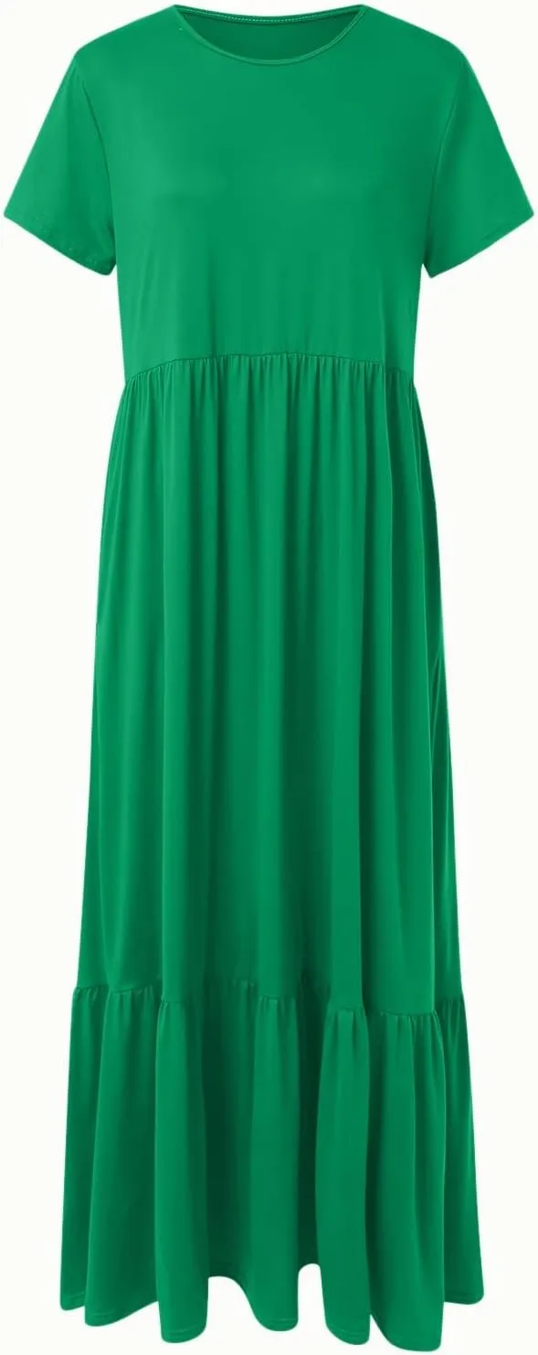 Summer Shirt Dresses For Women 2025 Crewneck Tiered Maxi Dresses Short Sleeve Flowy Beach Sundresses with Pockets