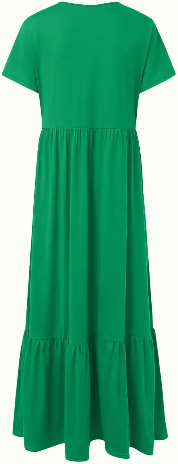 Summer Shirt Dresses For Women 2025 Crewneck Tiered Maxi Dresses Short Sleeve Flowy Beach Sundresses with Pockets