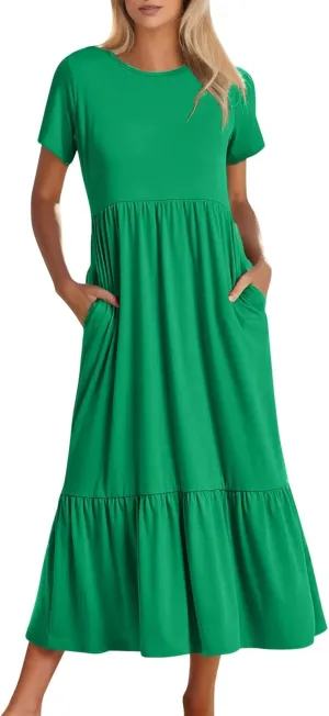 Summer Shirt Dresses For Women 2025 Crewneck Tiered Maxi Dresses Short Sleeve Flowy Beach Sundresses with Pockets