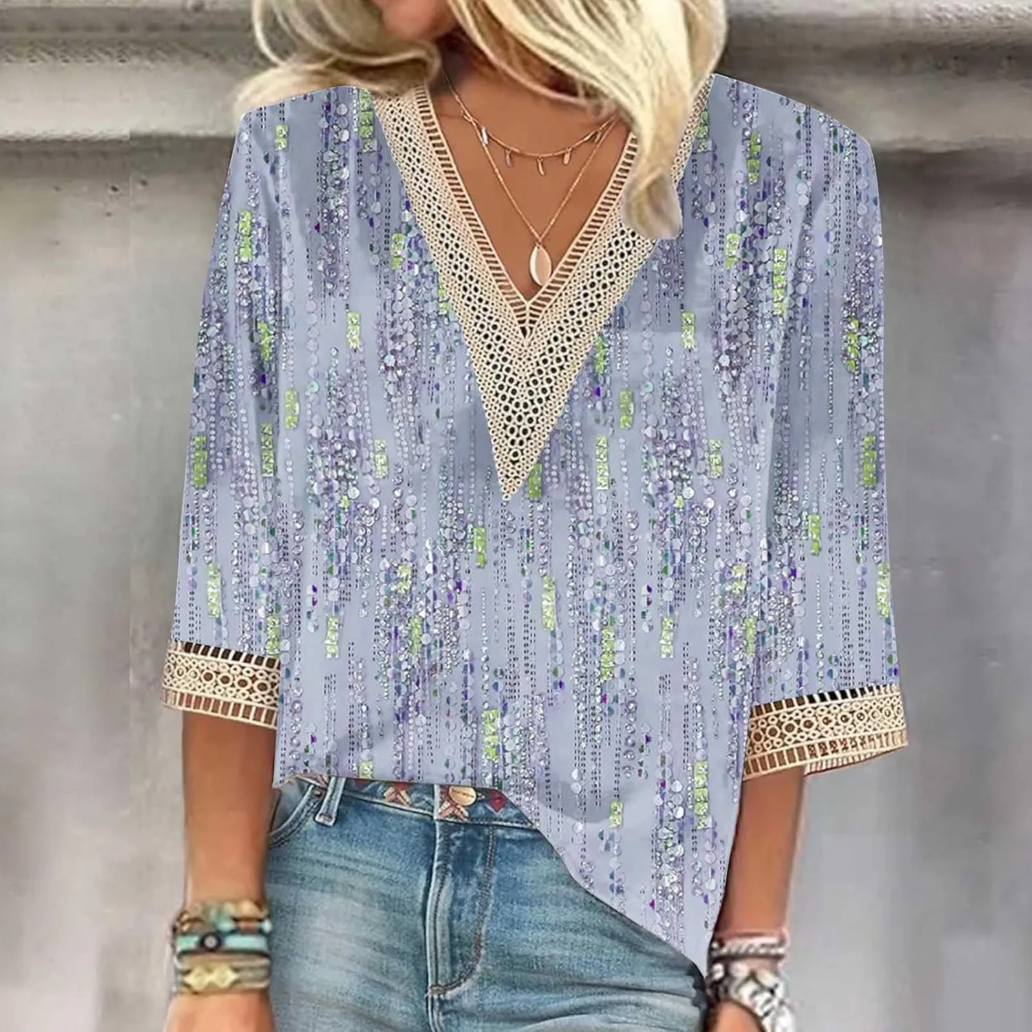 Summer Tops for Women 2024 Trendy Boho Floral Print Lace v Neck 3/4 Sleeve Shirts Dressy Casual Plus Size Blouses