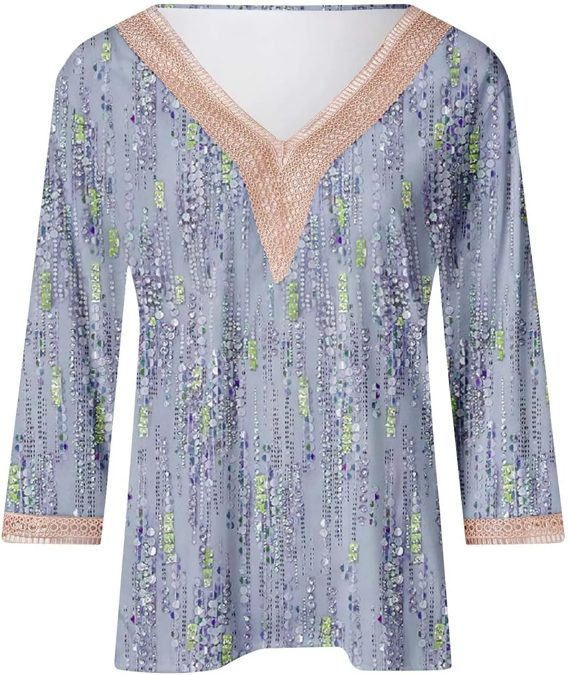 Summer Tops for Women 2024 Trendy Boho Floral Print Lace v Neck 3/4 Sleeve Shirts Dressy Casual Plus Size Blouses