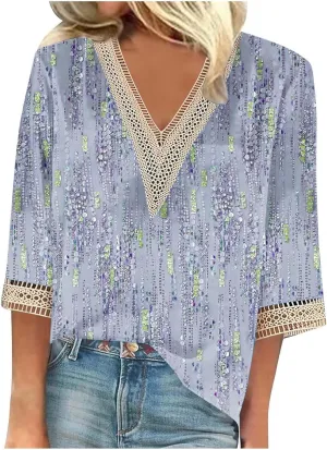 Summer Tops for Women 2024 Trendy Boho Floral Print Lace v Neck 3/4 Sleeve Shirts Dressy Casual Plus Size Blouses