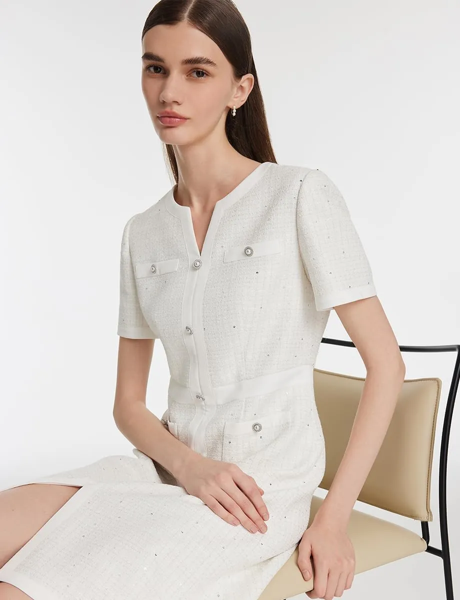 Summer Tweed Dresses for Women Short Sleeve A-Line Mini Crew Neck Lace Elegant Dress Casual Daily